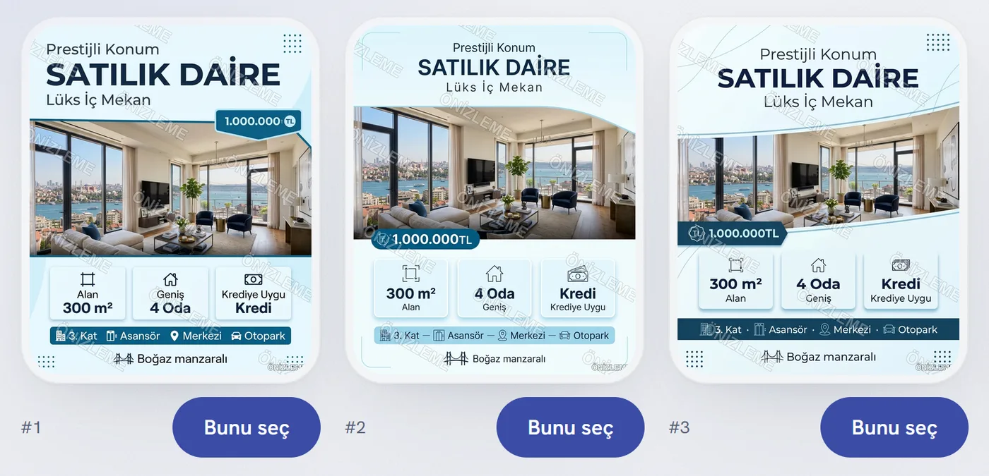 Aynı ilan için üretilmiş üç aday görsel, her birinin altında Bunu seç düğmesi