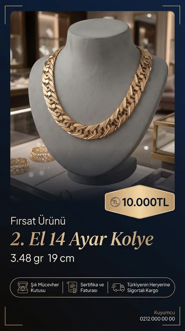 Gece Altını temasıyla üretilmiş ilan görseli: 2. El 14 Ayar Kolye, 10.000 TL