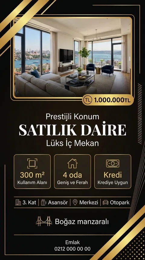 Altın Faset temasıyla üretilmiş örnek ilan görseli: Satılık daire, 1.000.000 TL