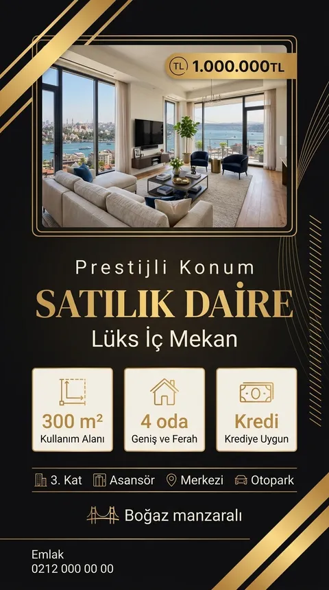 Altın Faset temasıyla üretilmiş örnek ilan görseli: Satılık daire, 1.000.000 TL