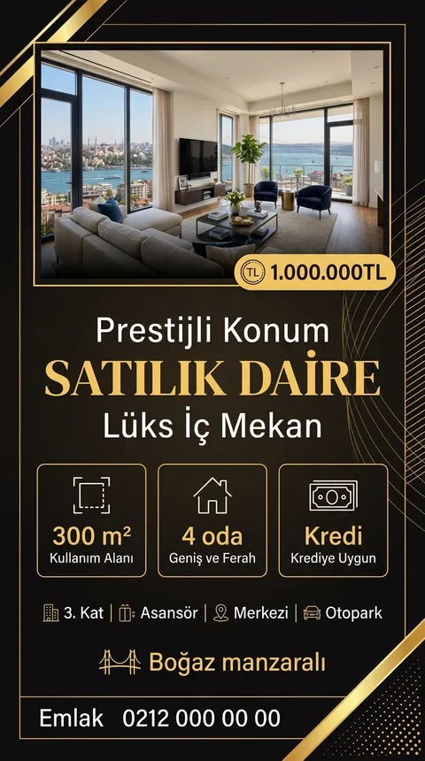 Altın Faset temasıyla üretilmiş örnek ilan görseli: Satılık daire, 1.000.000 TL