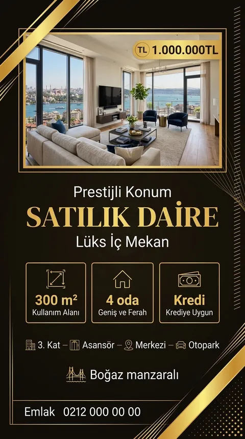 Altın Faset temasıyla üretilmiş örnek ilan görseli: Satılık daire, 1.000.000 TL