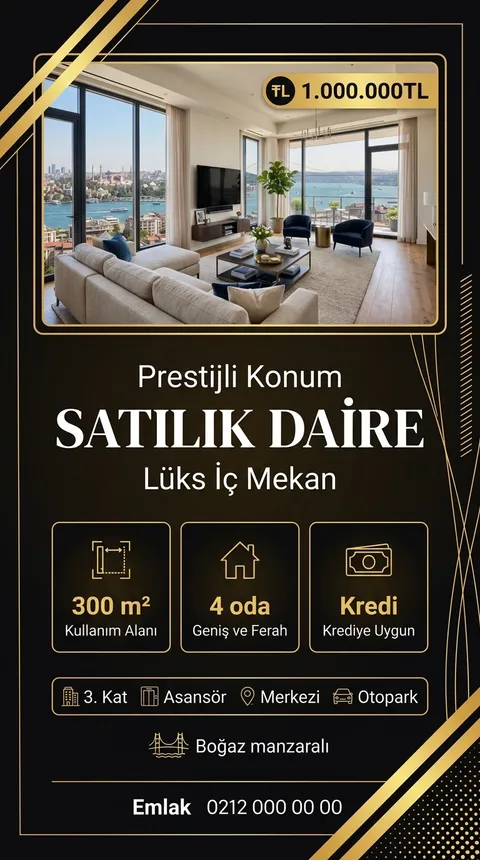 Altın Faset temasıyla üretilmiş örnek ilan görseli: Satılık daire, 1.000.000 TL