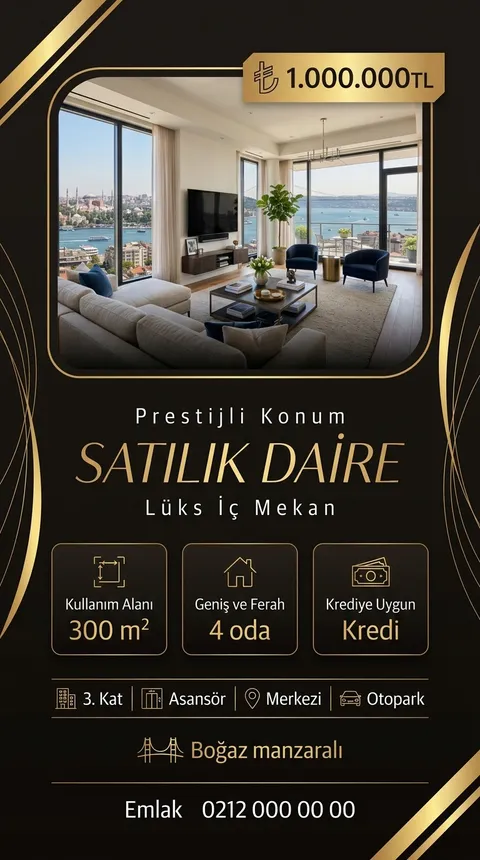 Altın Faset temasıyla üretilmiş örnek ilan görseli: Satılık daire, 1.000.000 TL