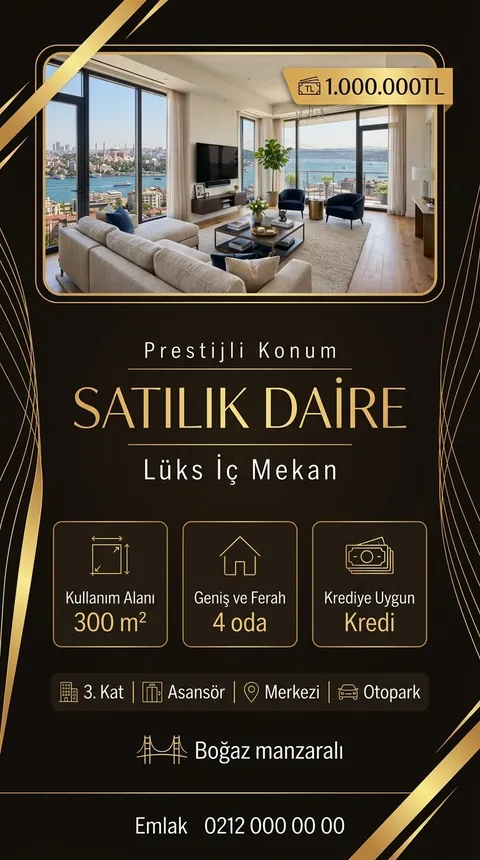Altın Faset temasıyla üretilmiş örnek ilan görseli: Satılık daire, 1.000.000 TL