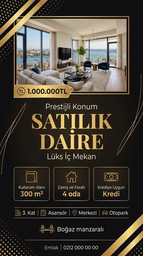 Altın Faset temasıyla üretilmiş örnek ilan görseli: Satılık daire, 1.000.000 TL