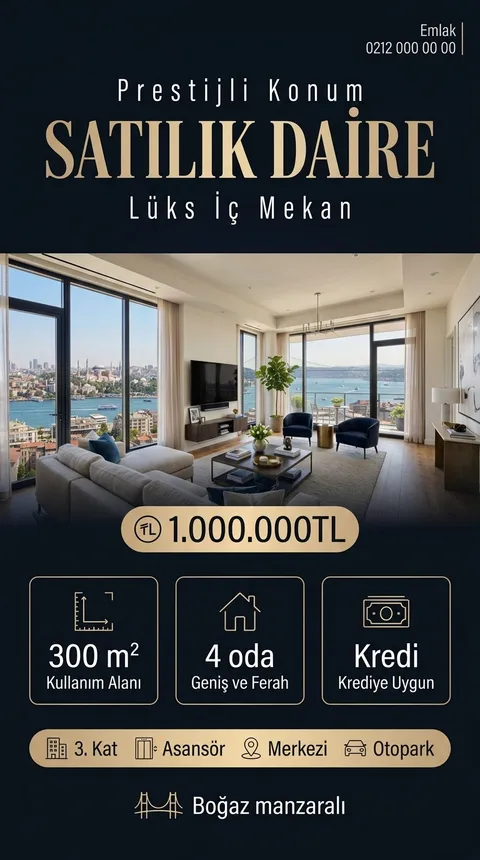 Gece Altını temasıyla üretilmiş örnek ilan görseli: Satılık daire, 1.000.000 TL