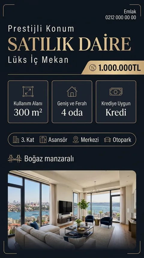Gece Altını temasıyla üretilmiş örnek ilan görseli: Satılık daire, 1.000.000 TL