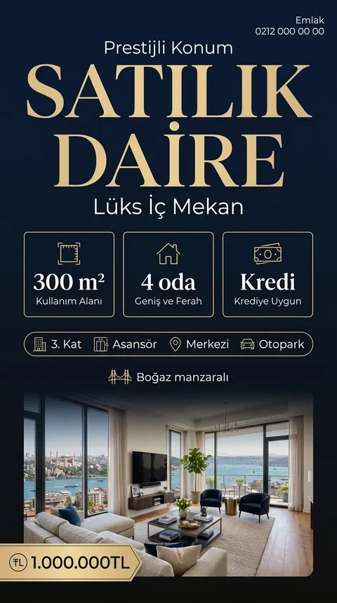 Gece Altını temasıyla üretilmiş örnek ilan görseli: Satılık daire, 1.000.000 TL
