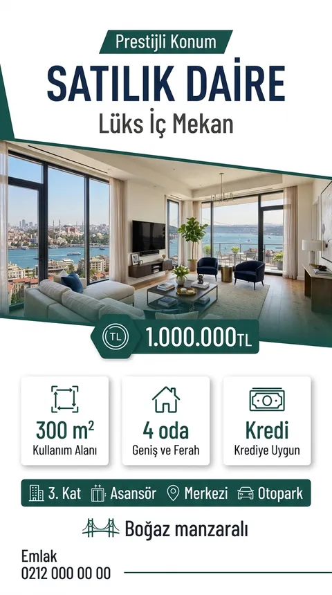 Petrol Blok temasıyla üretilmiş örnek ilan görseli: Satılık daire, 1.000.000 TL