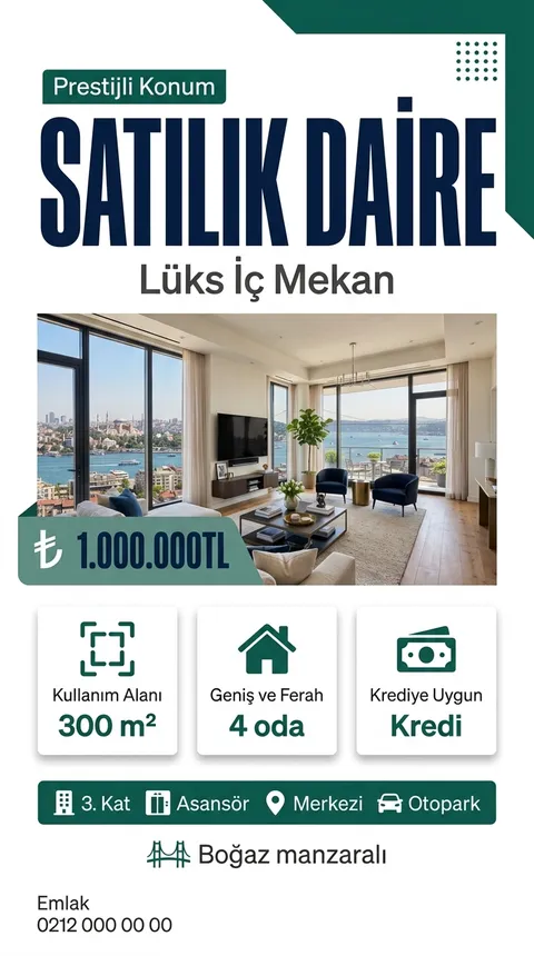 Petrol Blok temasıyla üretilmiş örnek ilan görseli: Satılık daire, 1.000.000 TL