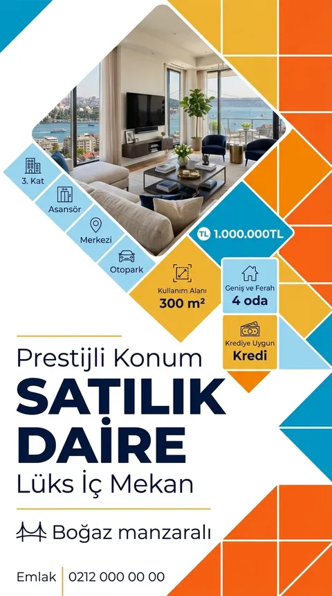 Karo Mozaik temasıyla üretilmiş örnek ilan görseli: Satılık daire, 1.000.000 TL