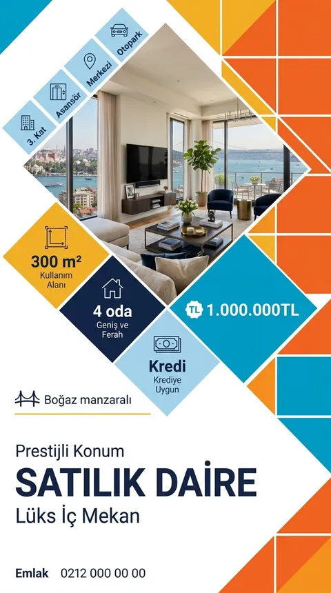 Karo Mozaik temasıyla üretilmiş örnek ilan görseli: Satılık daire, 1.000.000 TL